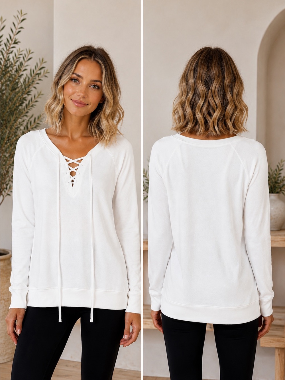 Zella Women’s White Lace-Up V-Neck Pullover Sweater
